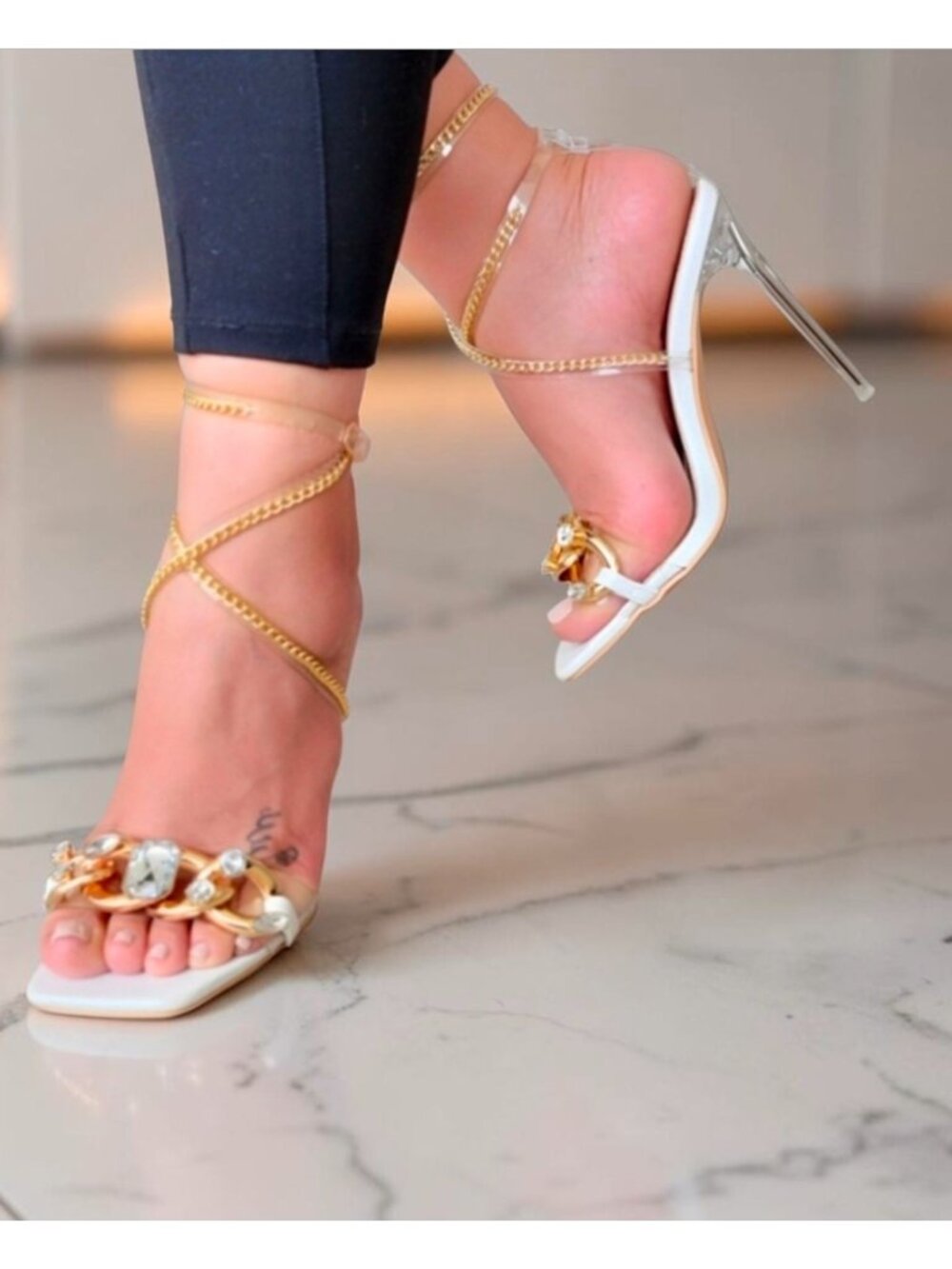 Gold & White Strappy High Heels With Rhinestone Chain Detailing & Clear Stiletto